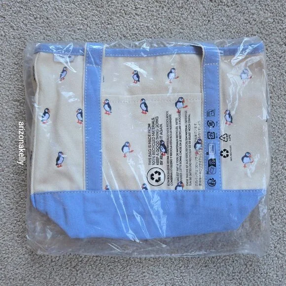 NWT Lands' End Embroidered Canvas PUFFIN Tote Medium Open Top Bird PRICE FIRM - Picture 2 of 7